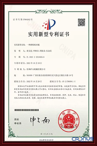 Grinding mill component patent certificate